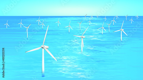 Offshore Wind turbines farm power generator out at sea background. Nature landscape for production of renewable green energy. sustainable development technology and friendly industry to environment. 