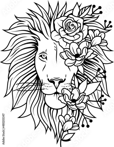 Portrait of a lion with floral wreaths. Illustration of a predatory wild cat in boho design with natural accessories. Wild cat with a mane. Zoo. Tattoo.