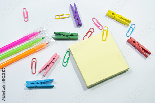 Set of colorful paper clips with white copy space background.business creativity concepts.Flat lay design