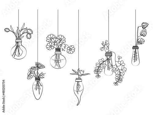 Set of flower in hanging light bulbs. Collection of floral light bulbs with botanical elements. Lamp vase field flowers. Home decoration. Vector illustration on white background.