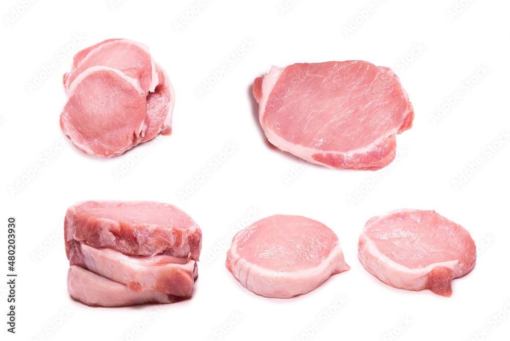 Raw pork pieces isolated on a white background. Raw pork pieces isolated on a white background.