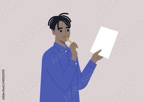 A young puzzled male African character coming up with a decision