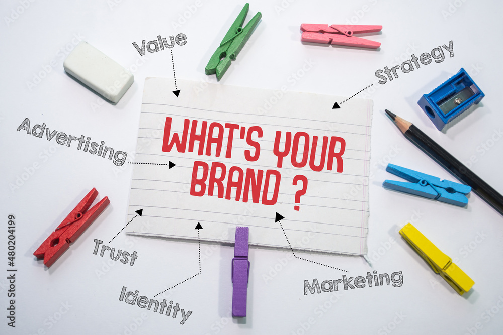 Text sign showing What's Your Brand? Strategy, Marketing, Identity, Trust, Advertising, Value
