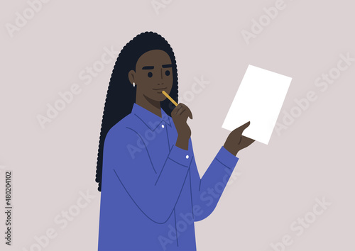 A young puzzled female African character coming up with a decision