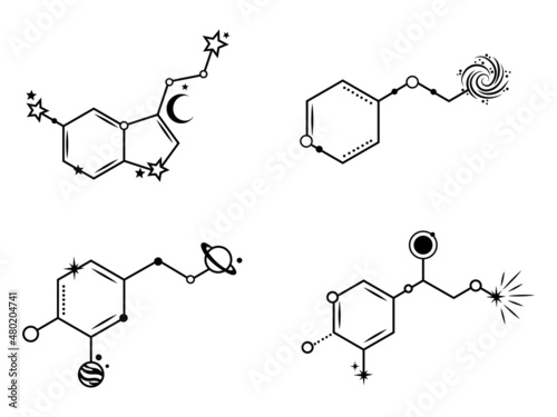 Set of molecular formula with space bodies. Collection of happiness molecule serotonin, dopamine, and caffeine. Astronomy. Mental health. Vector illustration isolated on white background. 