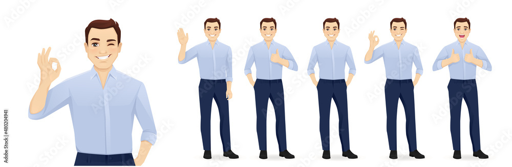 Young business man in blue shirt different poses set. Various gestures - greeting, showing ok sign, thumbs up isolated vector illustration Young business man in blue shirt different poses set. Various gestures - greeting, showing ok sign, thumbs up isolated vector illustration