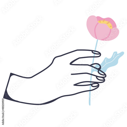Romantic pink hand and arms expressions. Hand sign. Heart love gesture. Hand holding a flower. Valentine's day. Doodle. Contour. Linear. Outline. Cute and simple