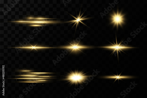 Shining golden stars. Light effects, glare, glitter, explosion, golden light. Vector illustration.Bright flash.