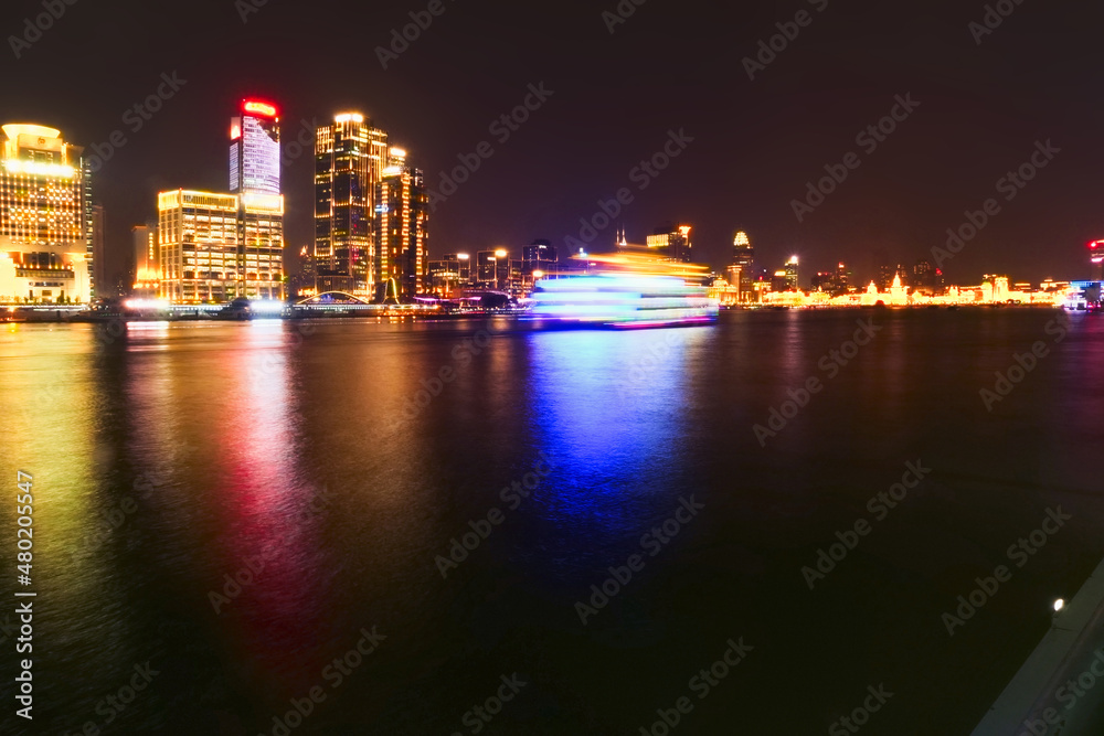 Night view of buildings in Lujiazui, Huangpu River, Shanghai