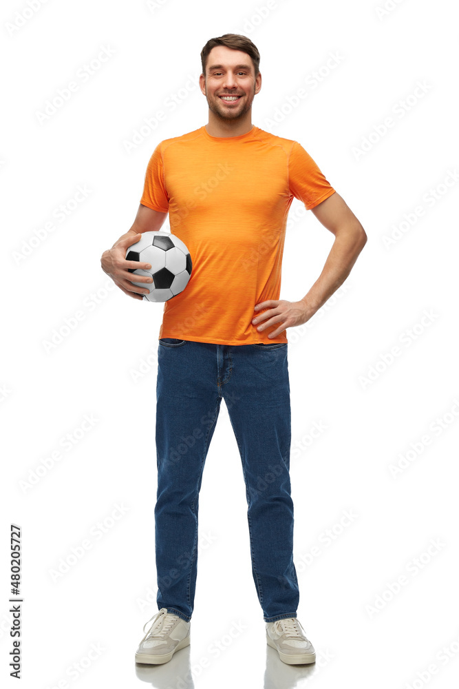 sport, leisure games and people concept - happy smiling man or football fan with soccer ball over white background
