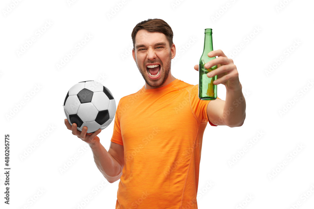 sport, leisure games and people concept - happy smiling man or football fan with soccer ball and bottle of beer over white background sport, leisure games and people concept - happy smiling man or football fan with soccer ball and bottle of beer over white background