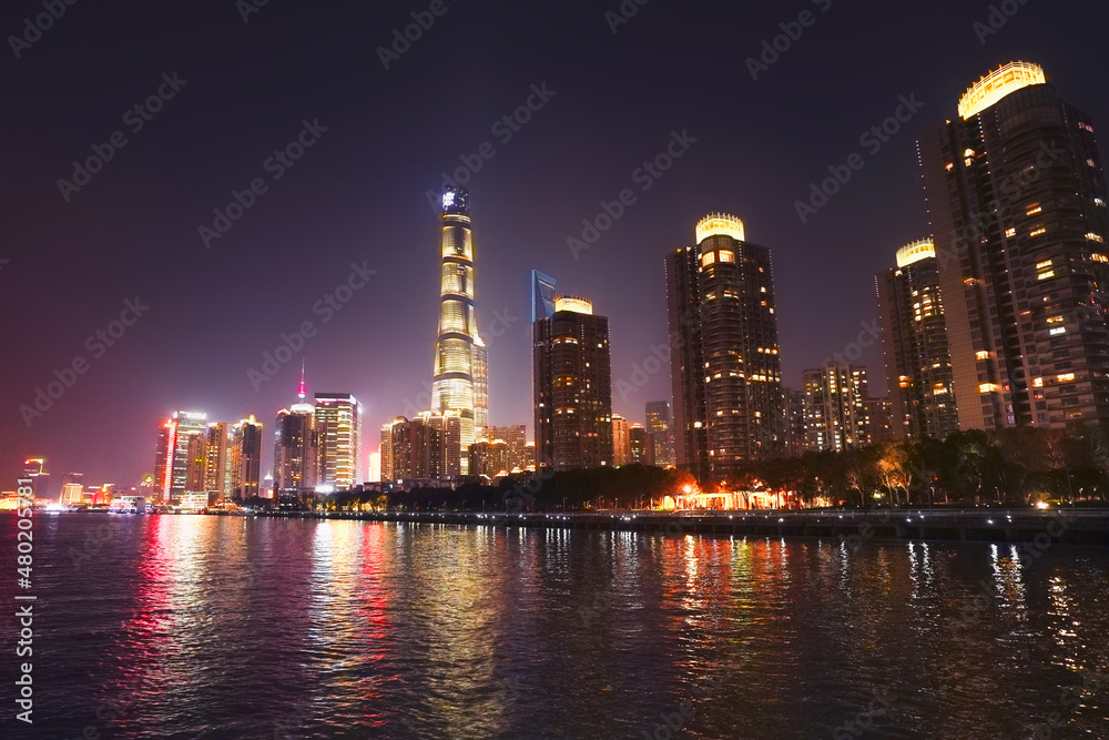Night view of buildings in Lujiazui, Huangpu River, Shanghai