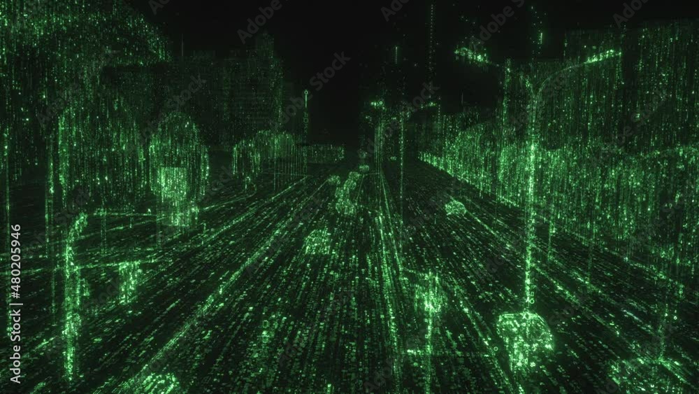 Cyberspace. Digital city concept. Urban street scene with grid of glowing numbers in matrix style