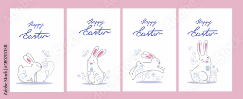 A set of greeting cards with greeting text and white rabbits. Design elements for a festive Easter decor. Congratulatory lettering.