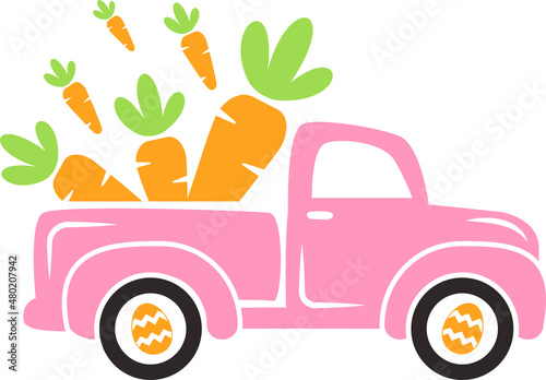 Cute Easter truck Svg. Old vintage truck carrying carrots vector illustration isolated on white background. Easter clipart perfect for kids t-shirts, apparel, cards