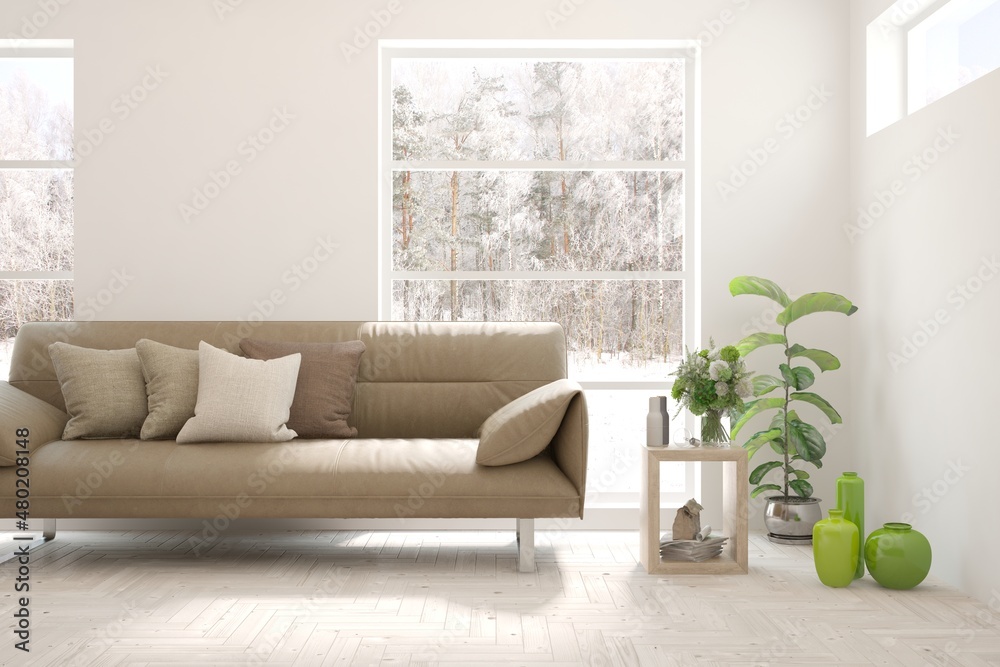 Modern living room in white color with sofa and winter landscape in window. Scandinavian interior design. 3D illustration