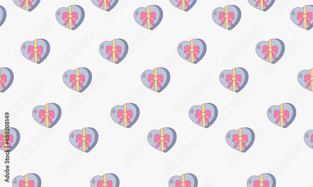 Seamless candy box pattern in the shape of a heart with a bow