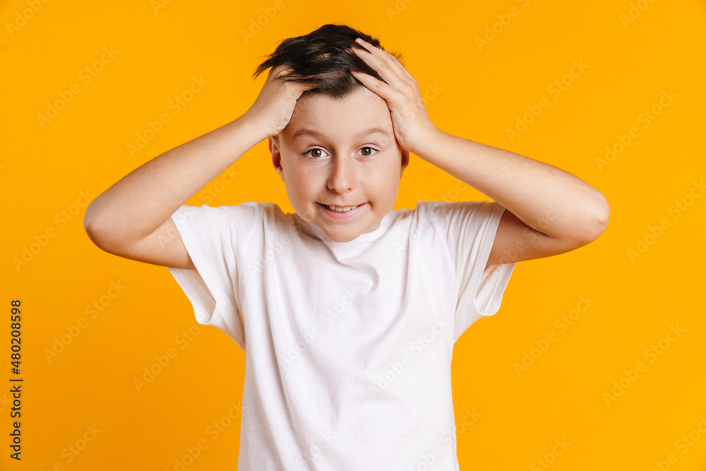 Happy smiling preteen boy in t-shirt standing Happy smiling preteen boy in t-shirt standing