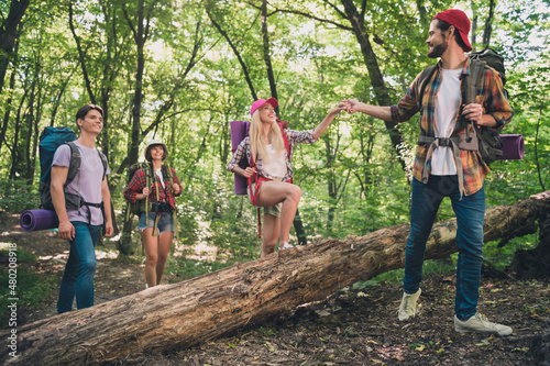 Fotografie, Obraz Photo of best friend couples happy positive smile hiking forest trip bag explore