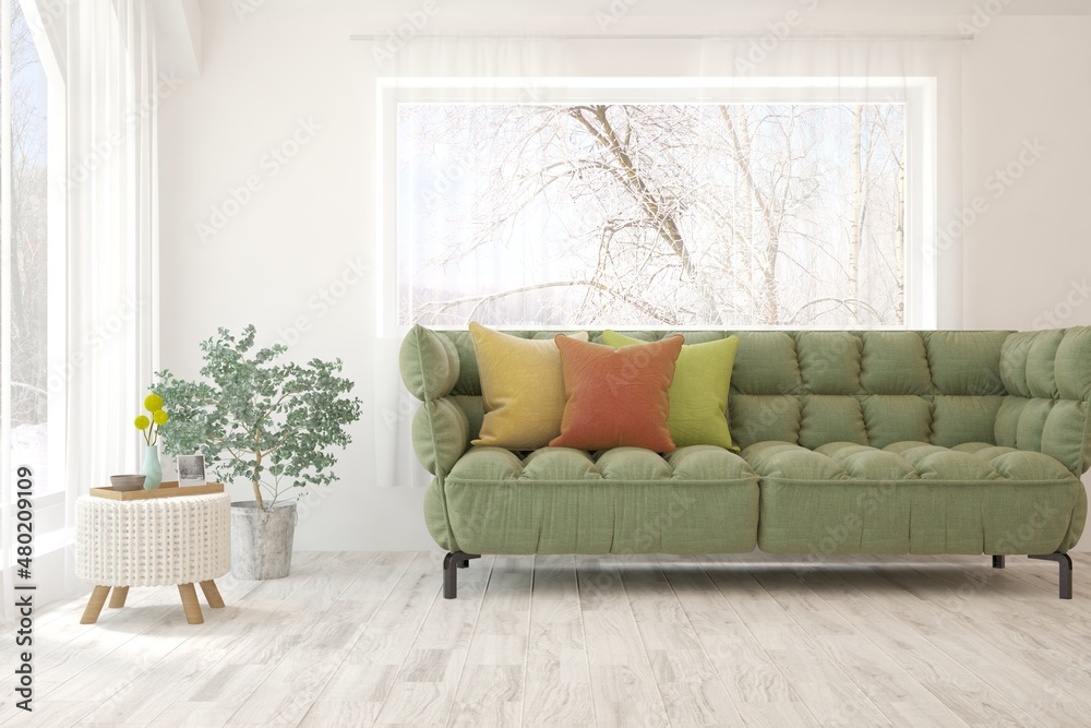 Fototapeta premium White living room with sofa and winter landscape in window. Scandinavian interior design. 3D illustration