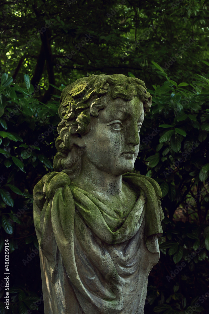 Stone garden statue of a female mythical head in a lush backyard.