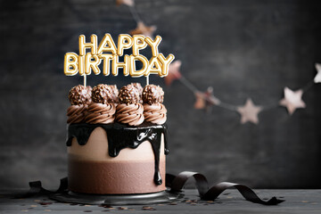 Chocolate birthday cake with happy birthday banner