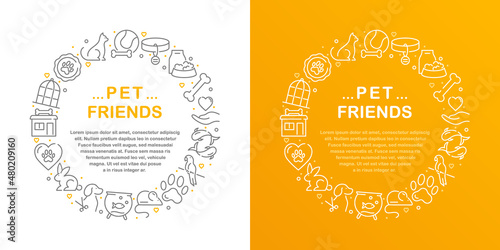 Pet friends. Vector infographic background of thin line pet and veterinary icons with dog, cat, bird, turtle, fish, animal toys. Outline collection for web design, banner, pet shop, veterinary clinic