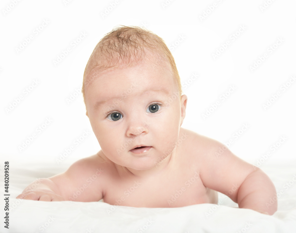 Portrait of cute baby girl on white blanket Portrait of cute baby girl on white blanket
