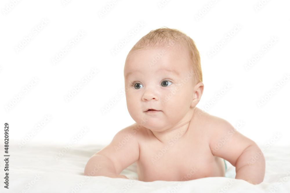 Portrait of cute baby girl on white blanket Portrait of cute baby girl on white blanket