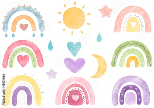 Watercolor rainbow collection. Month, sun, heart, stars.