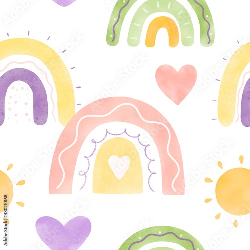 Watercolor seamless pattern with rainbows.