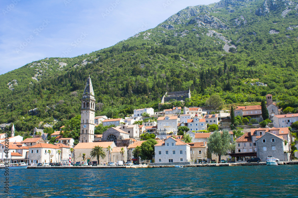 Panoramic view of the city and bay on the sunny day. Perast. Montenegro.