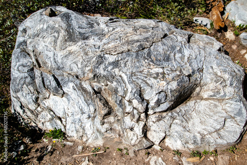 Metamorphic gneiss rock in the Grand Teton Range, Wyoming photo