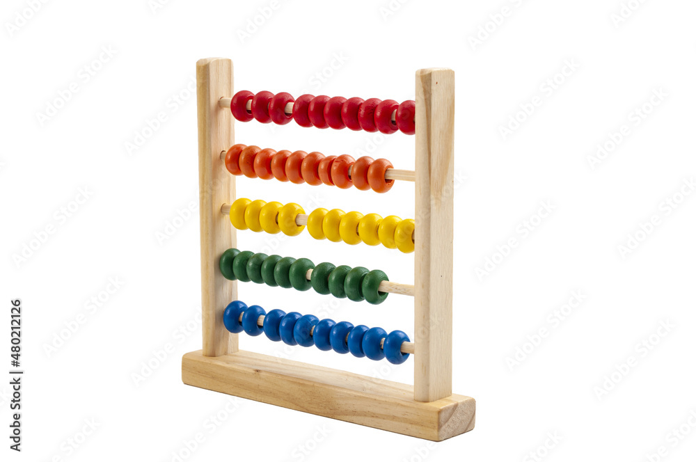Kids toys, learn mathematics calculation and learning addition concept with wood abacus toy isolated on white background with clipping path cutout Kids toys, learn mathematics calculation and learning addition concept with wood abacus toy isolated on white background with clipping path cutout