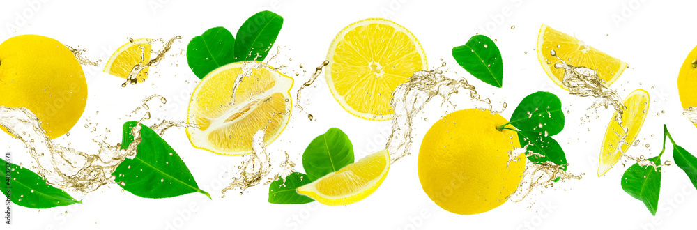 Border ripe sliced lemon with water splash green leaves and ice cubes ...