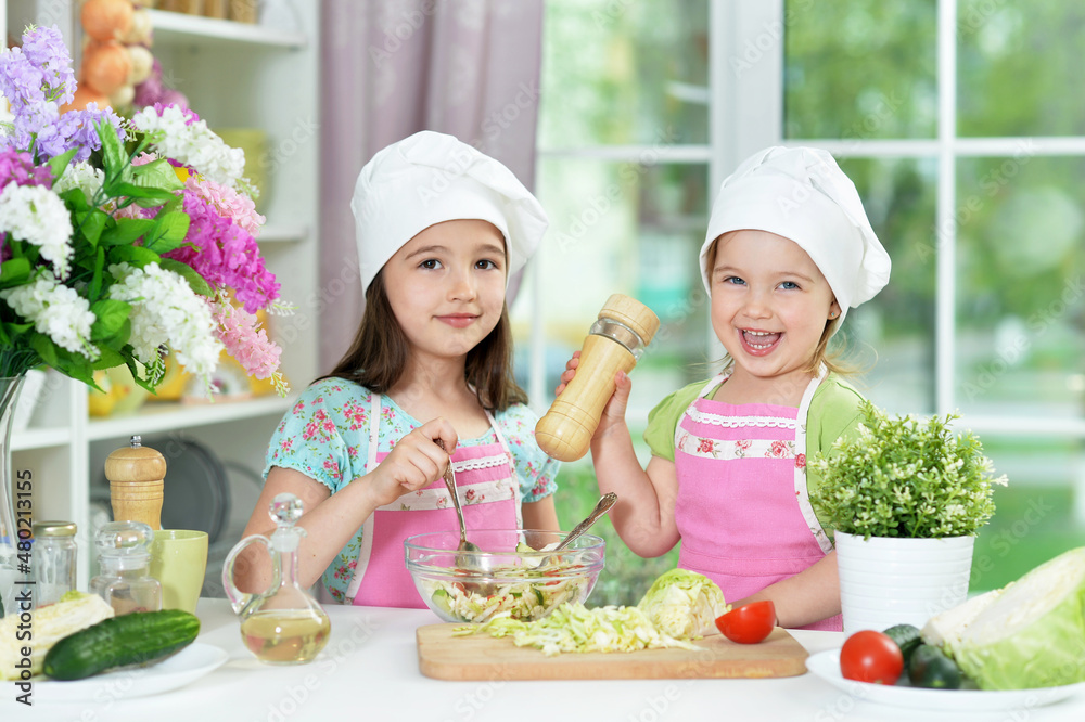 Cute girls preparing delicious fresh salad in kitchen Cute girls preparing delicious fresh salad in kitchen