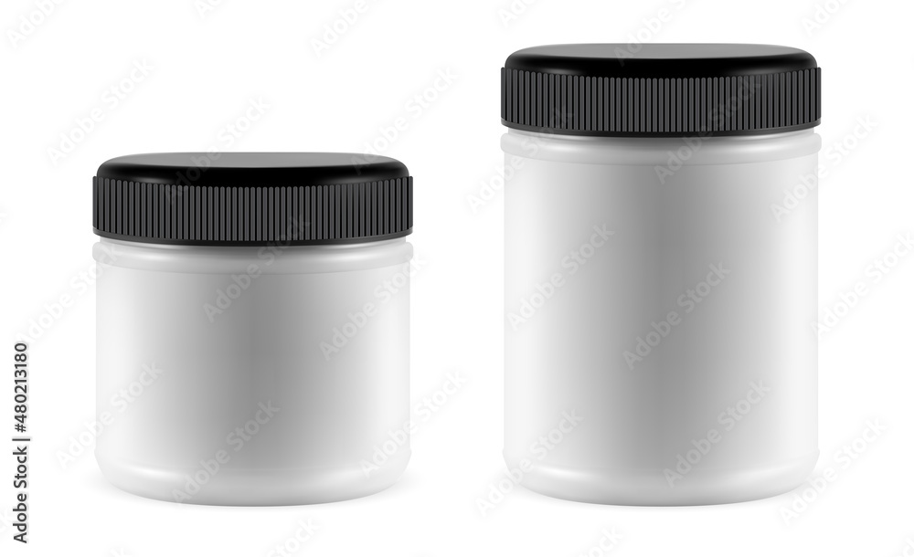 Plastic protein powder jar. Isolated cylinder bottle. Sport supplement packaging, bodybuilding vitamin product container illustration. Sport nutrition can, energy drink diet Plastic protein powder jar. Isolated cylinder bottle. Sport supplement packaging, bodybuilding vitamin product container illustration. Sport nutrition can, energy drink diet
