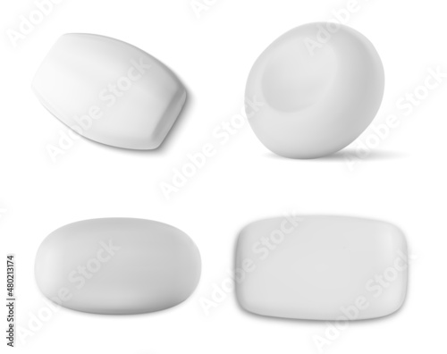 Soap bar vector mockup. Antibacterial soap solid bar isolated illustration. Toilet detergent, hygiene cosmetics design. Circle and ellipse shape soap, spa and bath purity brand, white color