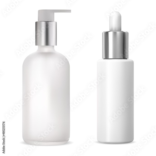 Cosmetic serum bottles. Pump bottle, dropper bottle mockup isolated on white. Cosmetic oil dispenser package with silver cap. Aroma essence eyedropper vial, natural medical treatment flask