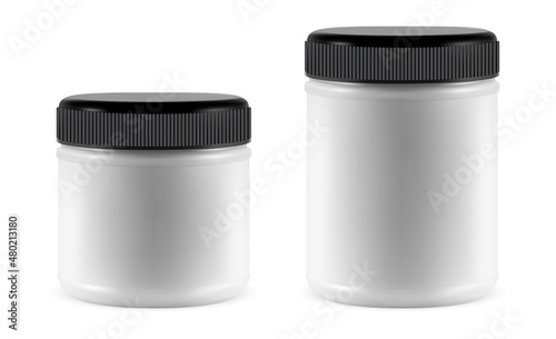 Plastic protein powder jar. Isolated cylinder bottle. Sport supplement packaging, bodybuilding vitamin product container illustration. Sport nutrition can, energy drink diet