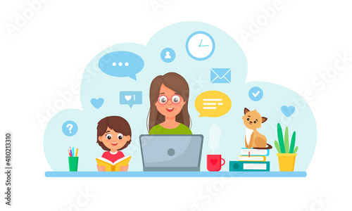 Woman working from home with kid in cozy modern interior.Home office concept. Flat style.Vector illustration