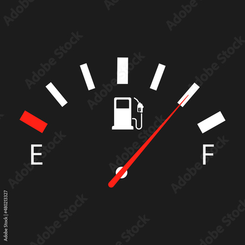 Illustration with gauge of fuel indicator gas on black background. Fuel gauge full with indicator. Full tank.