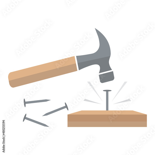 Hammer hit a nails vector illustration. Working process. Repair tool. Carpenter hammer.