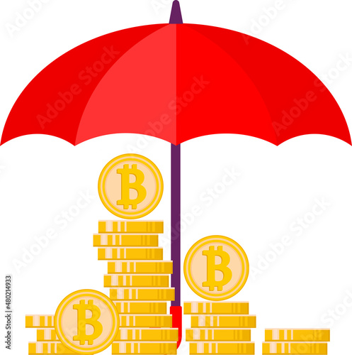 A flat illustration of a pile of bitcoins under an umbrella. Reliability and security, money protection, cryptocurrency vector.