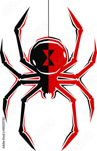 stylized version of a black widow spider hanging from webbing