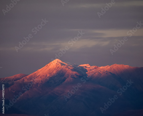 A gorgeous view of the beautiful Albanian Alps owith snow in sunset