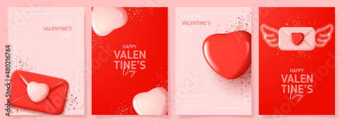 Set of Happy Valentine's Day posters. Vector illustration with realistic 3d Valentine's Day attributes and symbols. Brochures design for promo flyers or covers in A4 format size.