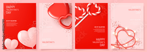 Set of Happy Valentine's Day posters. Vector illustration with realistic 3d Valentine's Day attributes and symbols. Brochures design for promo flyers or covers in A4 format size.
