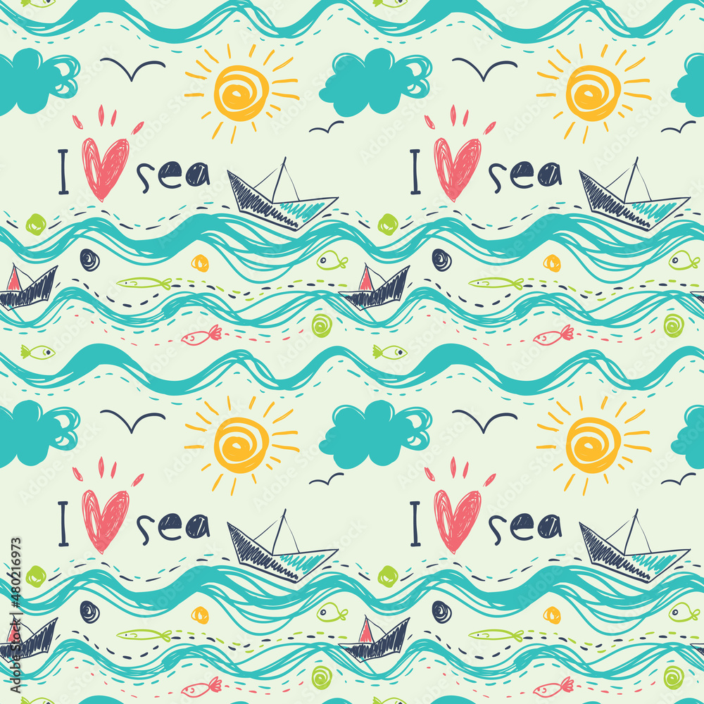 Seamless summer background with yachts, ships, seagulls, sea, fish and sun.