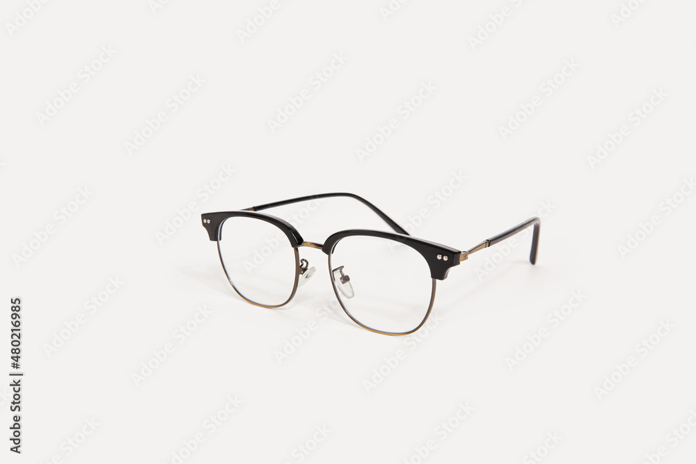 Stylish black eyeglasses isolated on white background perspective view Stylish black eyeglasses isolated on white background perspective view
